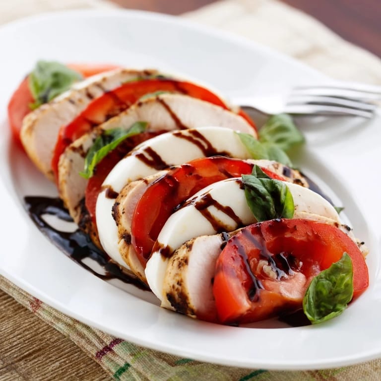 The Chicken Caprese Salad is plated on a white dish with tender sliced grilled chicken layered over vibrant mixed greens and a rich balsamic drizzle.  