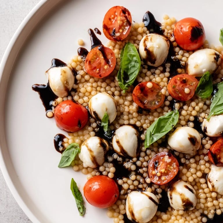Cold Caprese Couscous Salad served on a platter, featuring halved tomatoes and basil leaves for a bright, tangy bite.