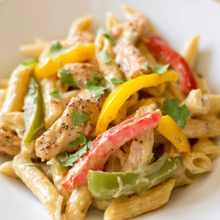 Close-up of the Fajita Chicken Pasta Skillet, garnished with cilantro and lime wedges.