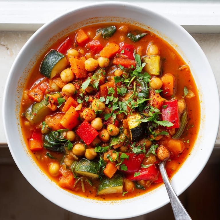 Garnished Spicy Chickpea Stew served in a ceramic bowl, ready to be enjoyed with crusty bread.