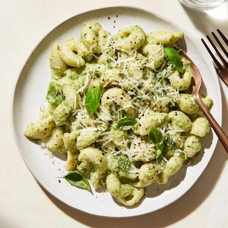 A close-up of Creamy Avocado Pesto Mac showcasing its silky texture, perfect for a quick vegetarian weeknight dinner.