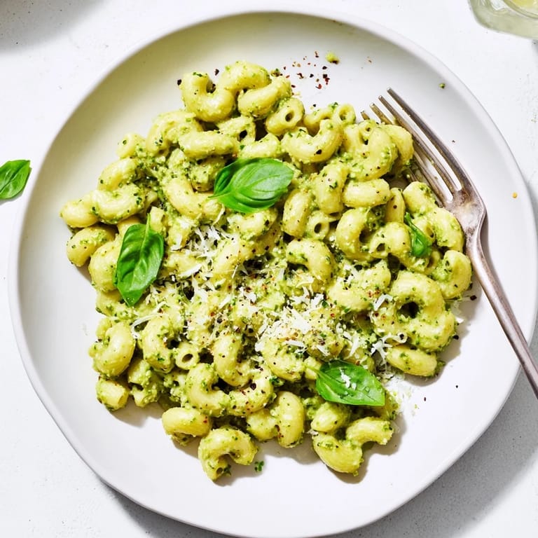This vibrant Creamy Avocado Pesto Mac features tender pasta tossed in a luscious, bright green avocado and basil sauce.  