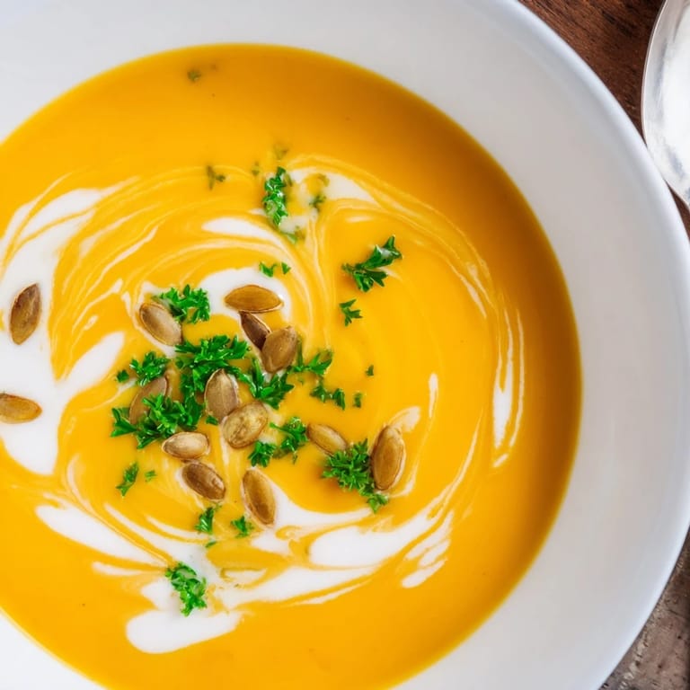 Creamy Butternut Squash Soup served warm, topped with a swirl of coconut milk and fresh herbs.