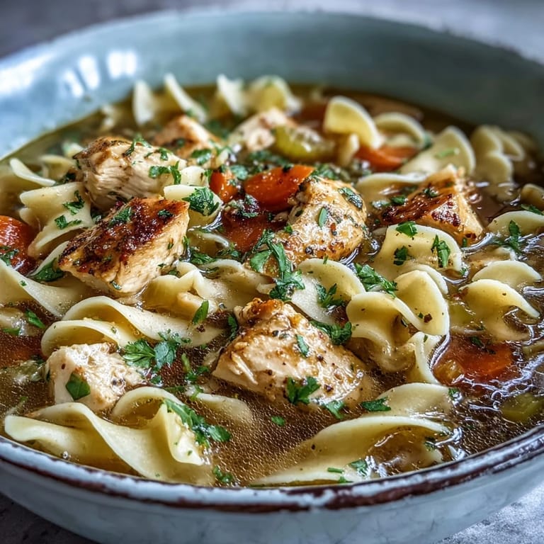 A ladle of golden Chicken Noodle Soup hovers above the pot, ready to serve with crusty bread on the side.