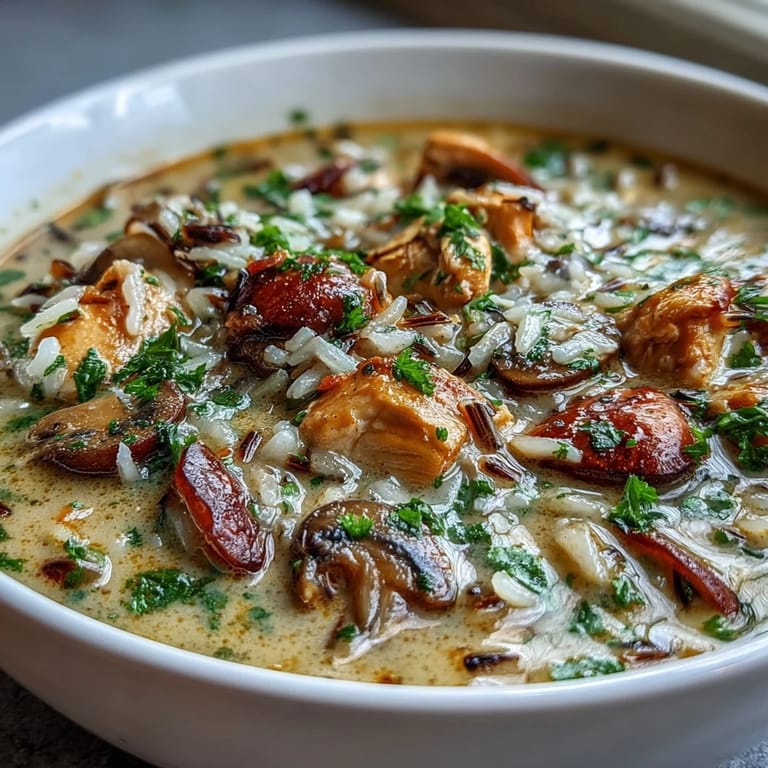Rich bowl of Parmesan Mushroom Chicken and Wild Rice Soup topped with fresh herbs and grated Parmesan, ready to serve.