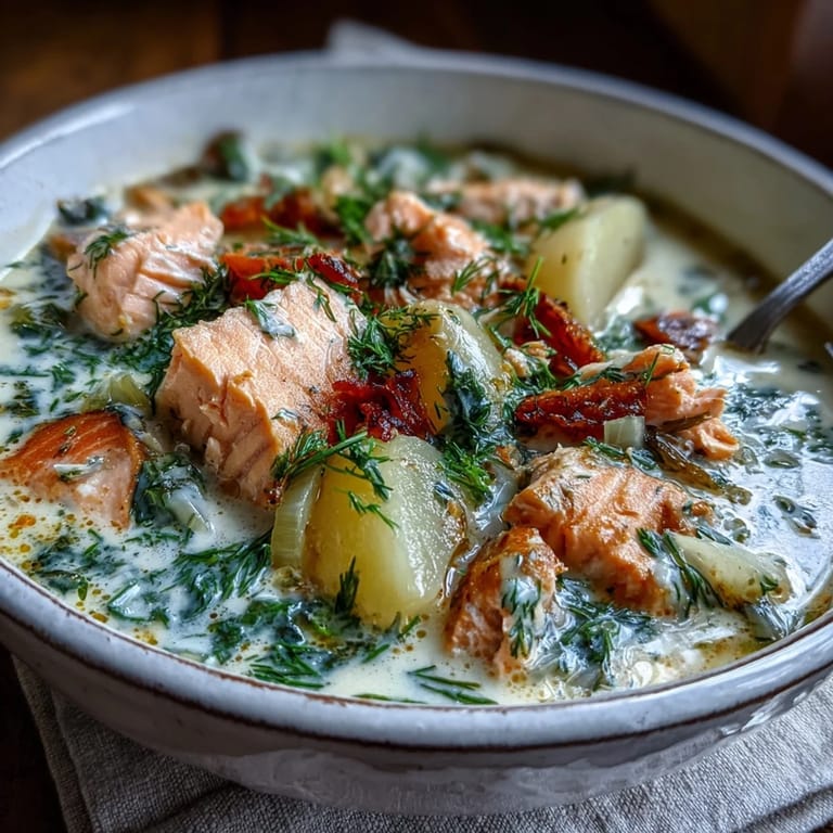 Close-up of Finnish Salmon Soup, showing rich cream, sliced carrots, leeks, and aromatic fresh dill garnish on top.