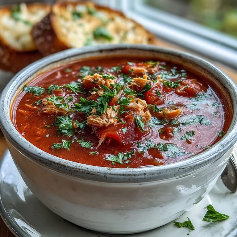 Tuna and Tomato Soup simmering in a pot with diced carrots, celery, and aromatics visible in the rich broth.