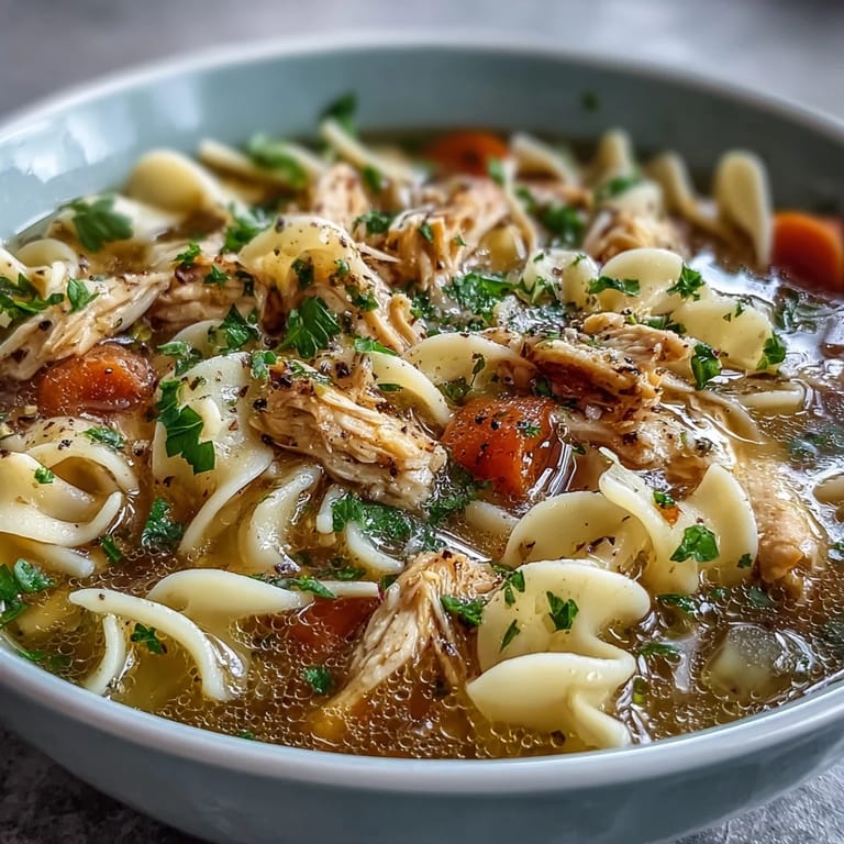 A ladle lifts hearty Chicken and Noodle Soup with celery and herbs from a pot, steam rising beside a crusty bread slice.