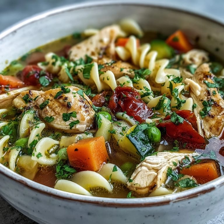 Hearty Pasta Soup With Chicken and Vegetables simmering in a pot, with chopped carrots, celery, zucchini, and peas peeking through the savory broth. 