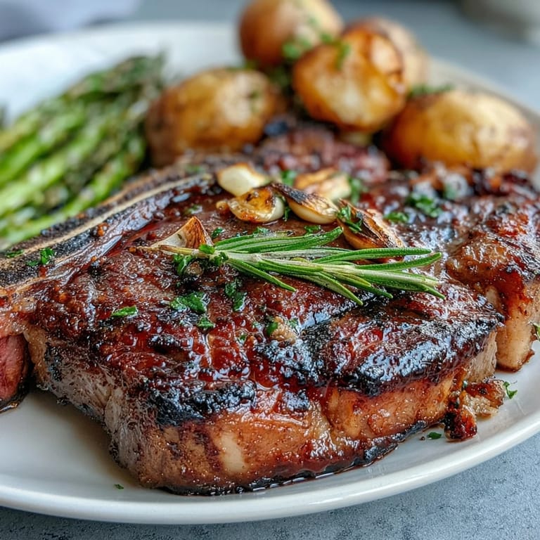 Sizzling grilled bone-in rib eye steak with charred asparagus spears and bright lemon wedges on a platter.