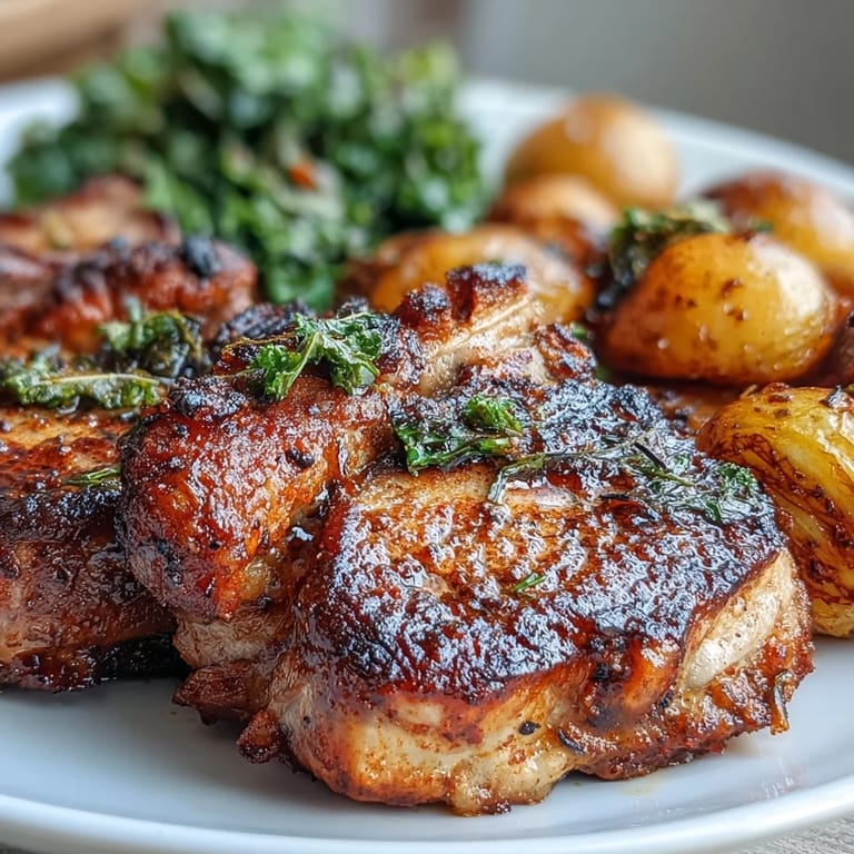 Golden Aleppo Pork Chops resting beside caramelized potatoes and bright, sautéed lacinato kale with lemon wedges.