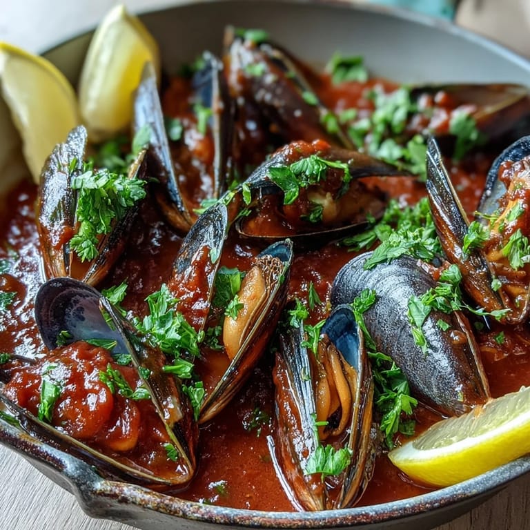 Freshly chopped parsley and lemon wedges garnish the steaming Smoky Mussels Pomodoro, highlighting the bright red sauce in a rustic bowl.