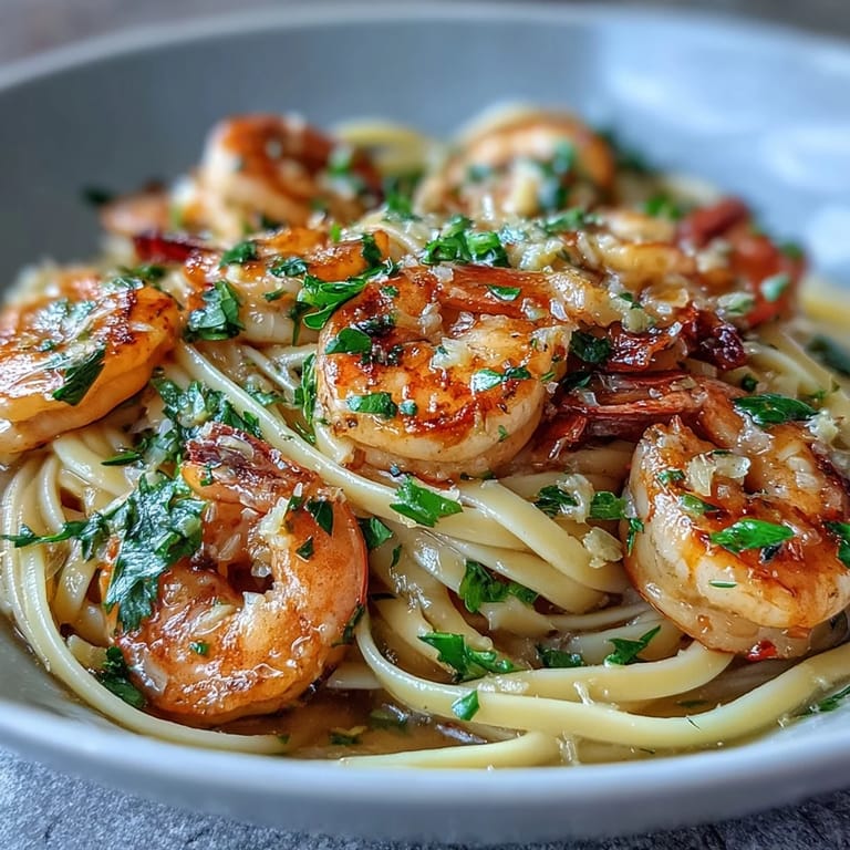 Steaming Shrimp Scampi With Linguine is plated with lemon wedges, ready to serve alongside crisp white wine for dinner.