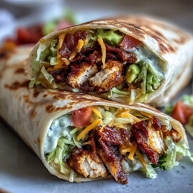 Served sliced on the diagonal, the wrap reveals juicy chicken and smoky bacon layered with tangy mayo sauce.