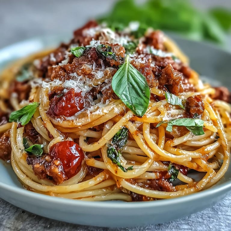 A close-up shows steam rising from the sizzling skillet of Italian Drunken Noodles, garlic, and onion.