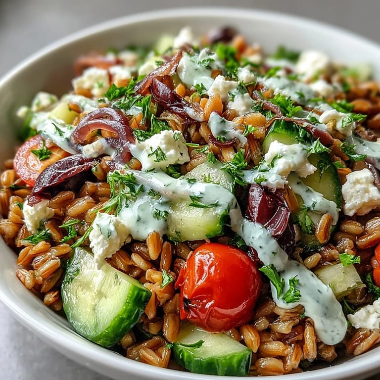 Overhead view of a nourishing Mediterranean Farro Bowl with spinach, cherry tomatoes, and red onion, ready for a healthy vegetarian dinner.