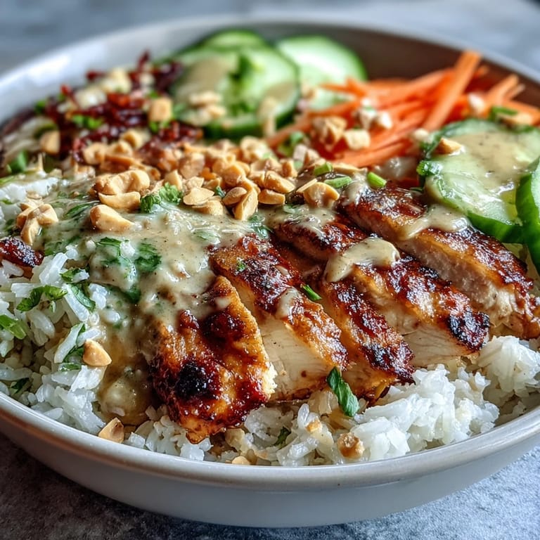 A nourishing bowl of coconut rice, sliced chicken, edamame, and colorful veggies with peanut sauce.