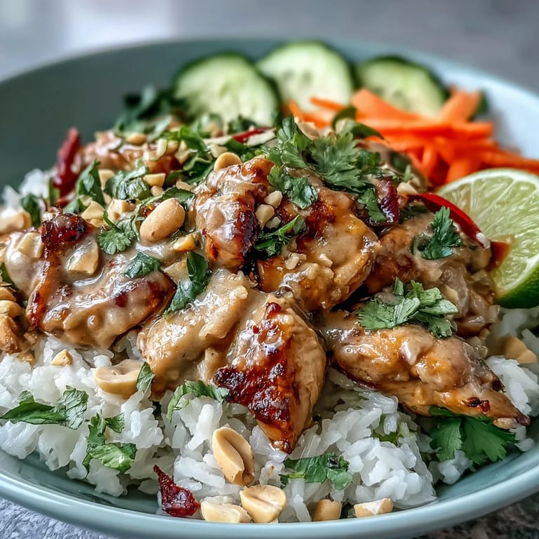Steaming Thai Peanut Chicken Bowl showcases juicy chicken, edamame, and green onions with lime wedges for a bright, satisfying main dish.