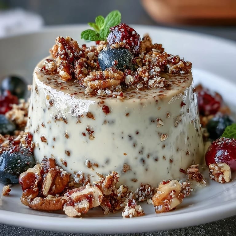 A single Hojicha Panna Cotta Parfait shows a spoon digging into silky roasted tea custard, layered with blueberries and granola.