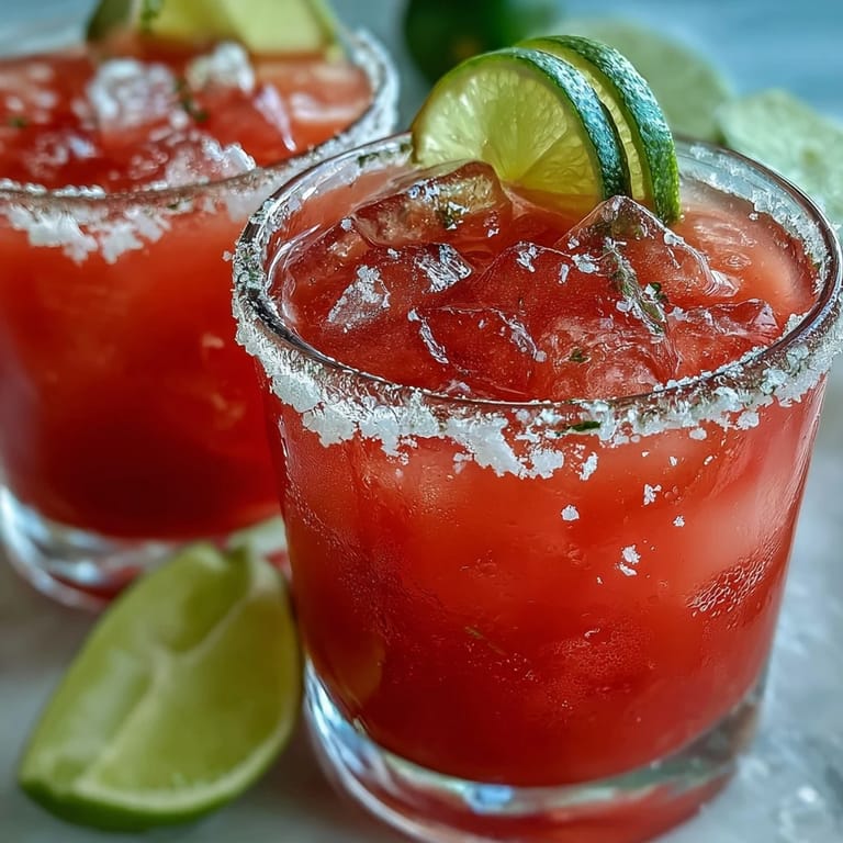 Two refreshing Guava Margaritas on a summer table, garnished with fresh guava and lime.