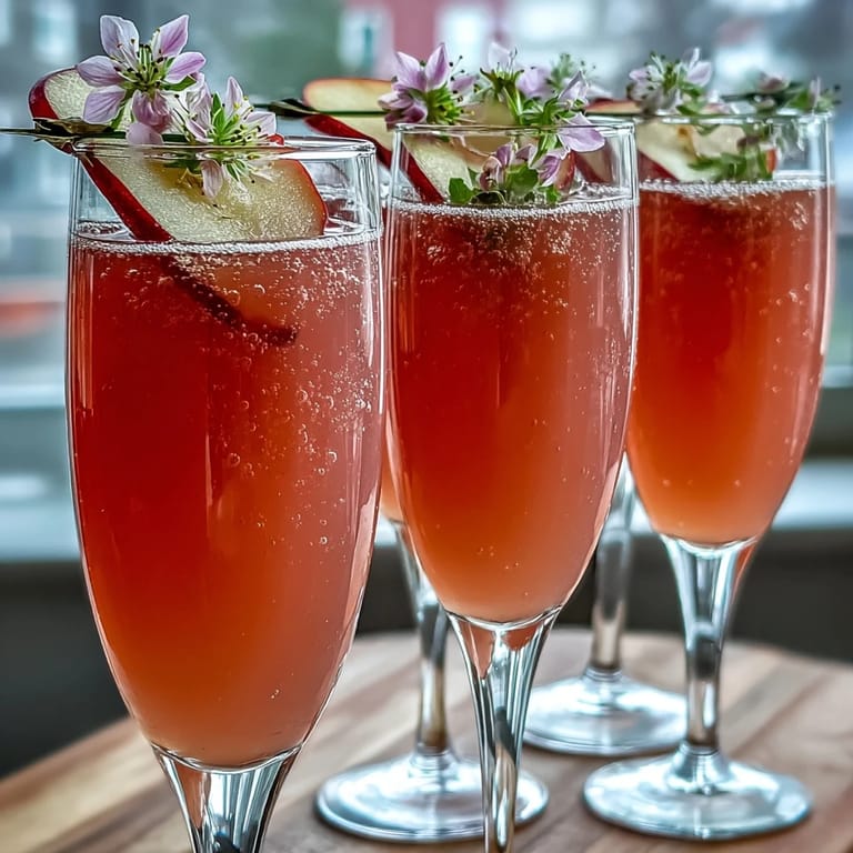 Close-up of Elderflower Guava Mimosa with golden bubbles, a floral aroma, and sparkling champagne.