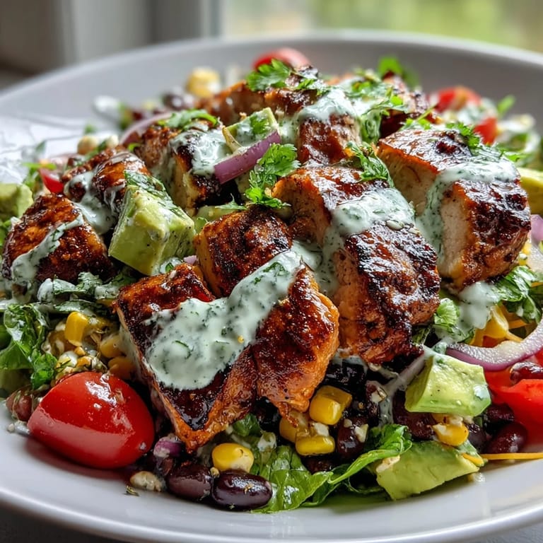 Close-up of High Protein Southwest Chicken Salad, showcasing colorful veggies and a drizzle of zesty dressing.