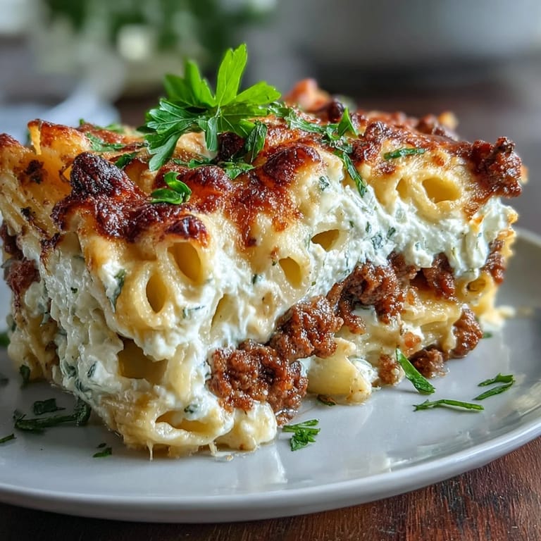 Fresh parsley garnish adds green color to the Cottage Cheese Protein Pasta Bake with Ground Beef in a dish.