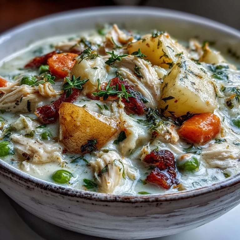 Rich Creamy Chicken Pot Pie Soup served with golden puff pastry topping and a spoon ready to dip.