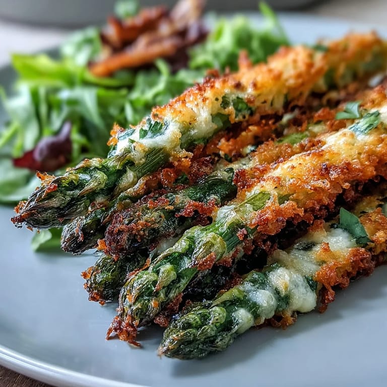 Golden Parmesan asparagus spears, crispy from the oven, topping tender chicken tossed with salad greens and tomatoes.