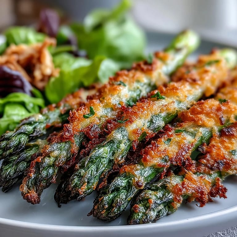Bright lemon dressing drizzled over mixed greens, topped with crispy Parmesan asparagus and tender shredded chicken.