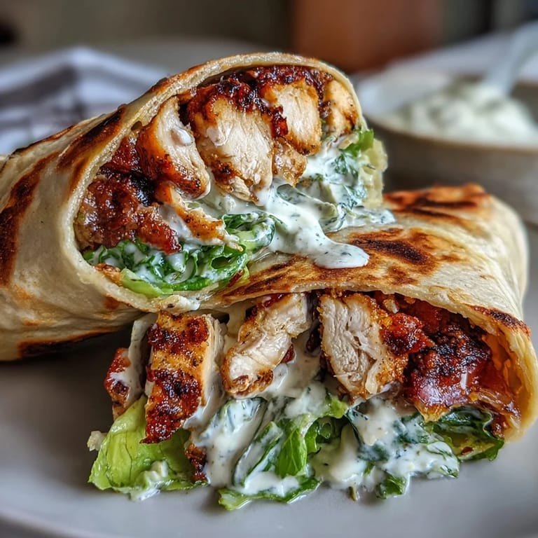 Warm grilled chicken Caesar wraps made with soft garlic naan and freshly grated Parmesan cheese.