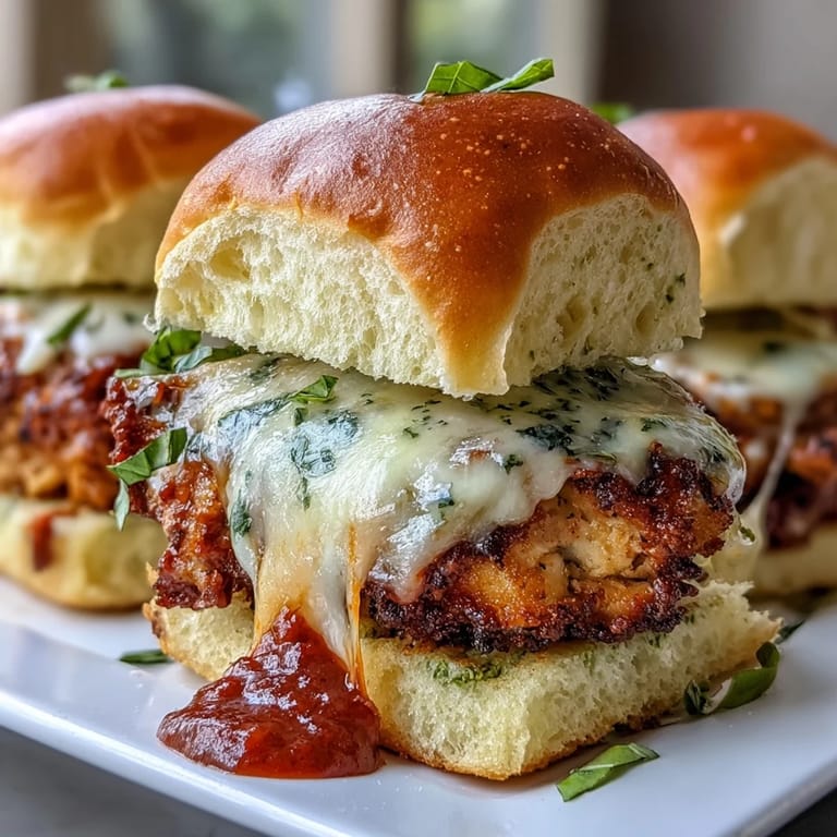 Freshly baked Pesto Chicken Parmesan Sliders served warm with extra marinara dipping sauce on the side.