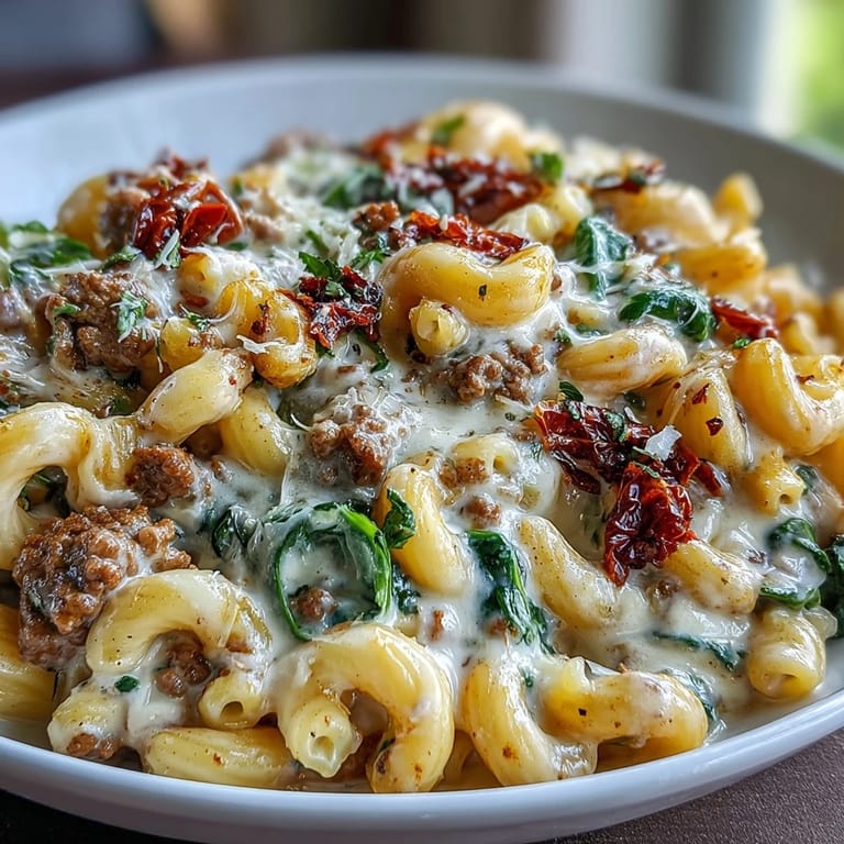 Spoon lifting a cheesy serving of Creamy Tuscan Chili Mac, highlighting creamy sauce, red peppers, and hearty ground beef.