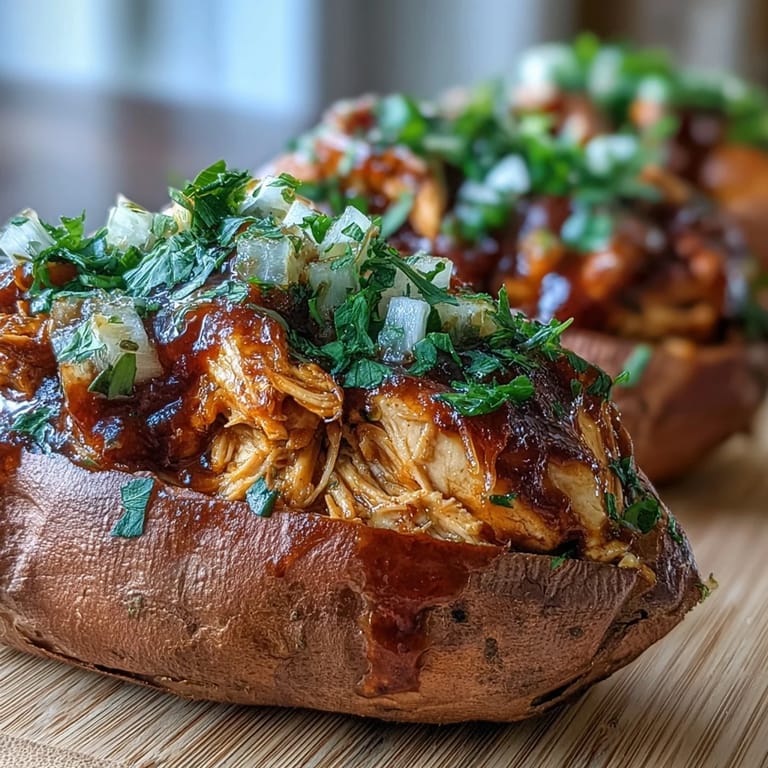 Stuffed sweet potatoes overflowing with smoky shredded chicken and tangy honey BBQ sauce, garnished with green onions and sour cream. 