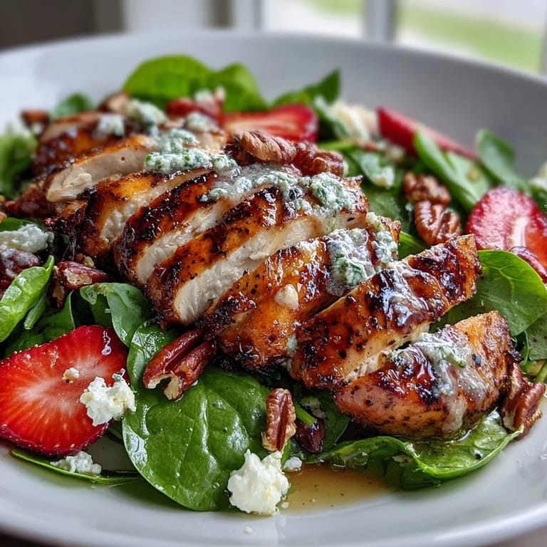 Sliced grilled chicken rests atop a bed of spinach, strawberries, and feta, drizzled with creamy poppy seed dressing. 