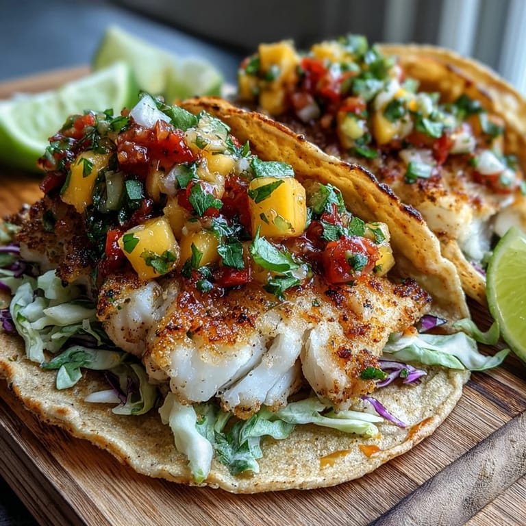 Close-up of Light Mango Salsa Tilapia Tacos in Corn Tortillas showing juicy fish, cilantro, and lime wedges.