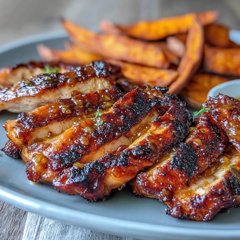 Sizzling Honey Mustard Grilled Chicken with Roasted Sweet Potato Wedges fresh off the grill, showcasing golden char marks and tender, steamy slices on a rustic table.