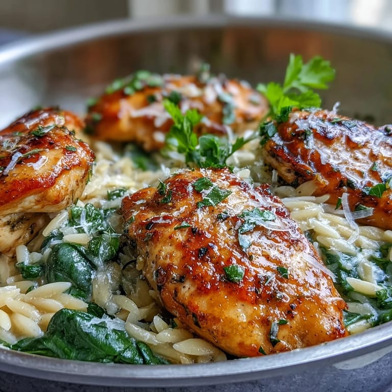 Tender chicken thighs and golden orzo pasta are coated in a creamy, zesty lemon garlic sauce in this one-pot meal.
