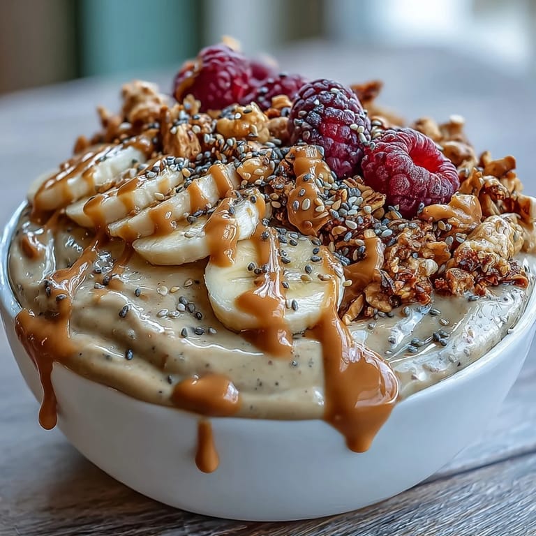 Vibrant Vegan Peanut Butter Banana Protein Smoothie Bowl with a thick peanut butter drizzle and chia seeds, ready for a nutritious breakfast.