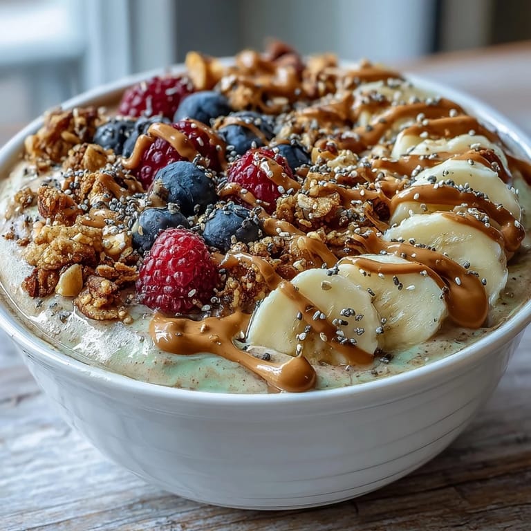 Healthy Vegan Peanut Butter Banana Protein Smoothie Bowl featuring cacao nibs, mixed berries, and gluten-free granola for a post-workout snack.