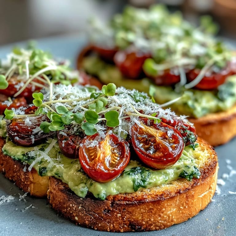 A nourishing open-faced toast featuring rich avocado pesto, sweet cherry tomatoes, and peppery microgreens on rustic sourdough.