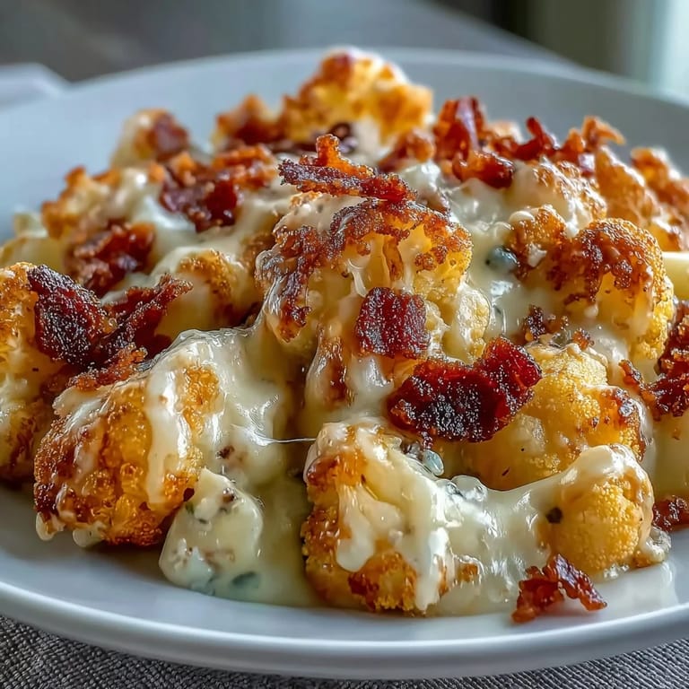 Decadent low-carb mac and cheese featuring tender roasted cauliflower in a velvety cheese sauce, finished with crunchy bacon topping.