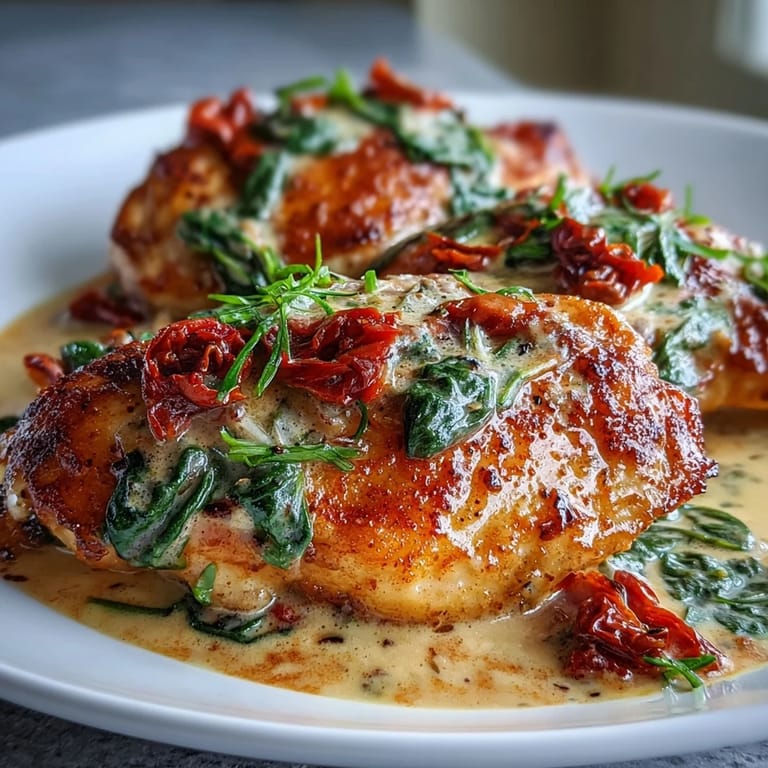 Juicy pan-seared chicken breasts simmered in a luscious keto cream sauce with wilted spinach and tangy sun-dried tomatoes.  