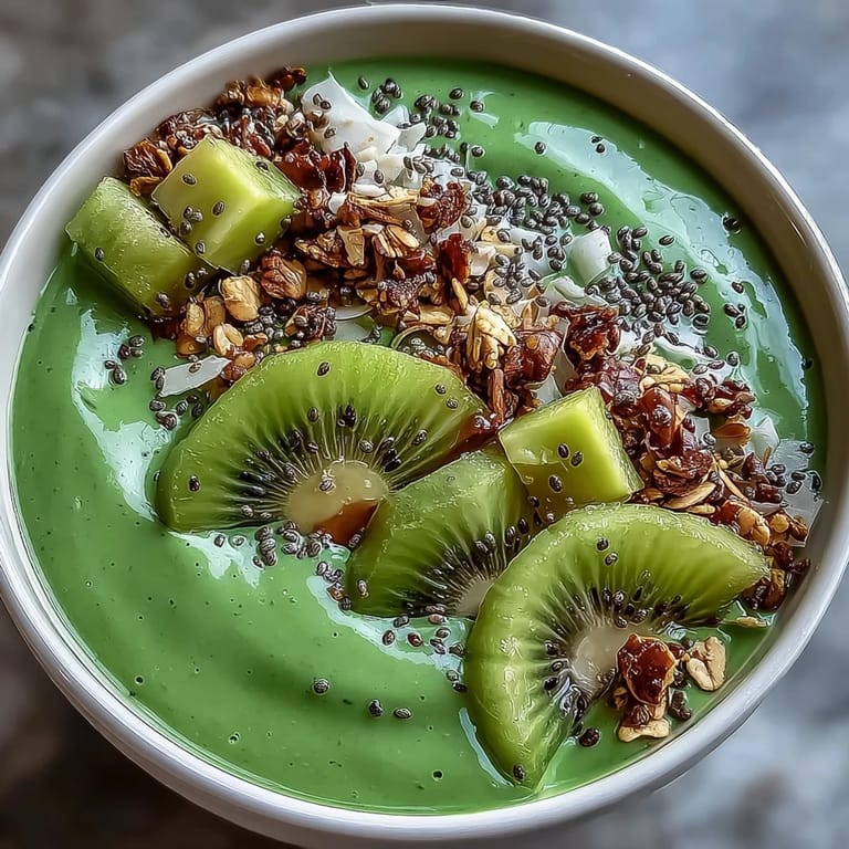 A creamy green smoothie base blended with spinach, banana, and mango, garnished with coconut flakes and hemp seeds.