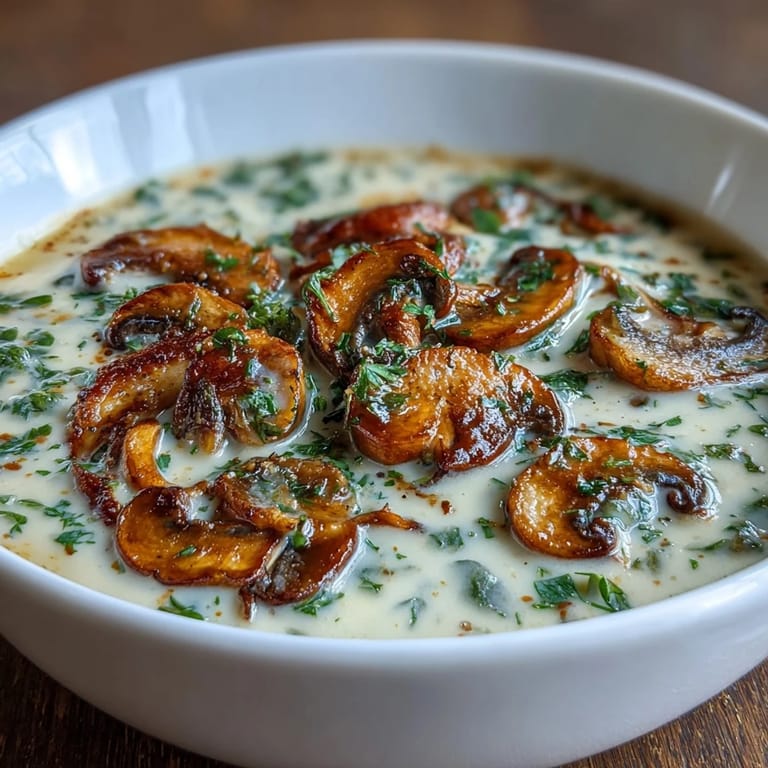 Velvety mushroom soup infused with aromatic cardamom, served hot with a sprinkle of parsley.  