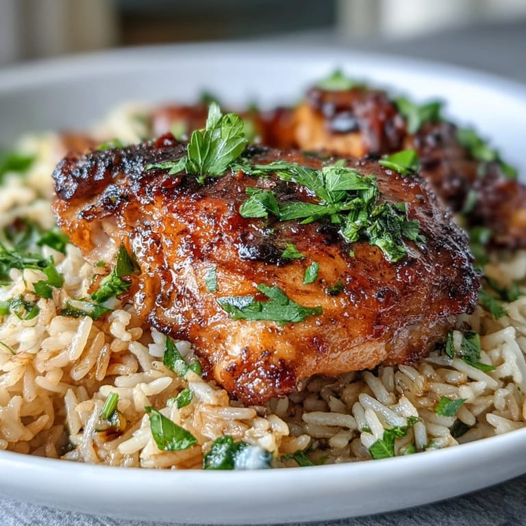 Golden seared chicken thighs rest atop fluffy basmati rice, infused with paprika, garlic, and bell peppers for a spicy Portuguese feast.