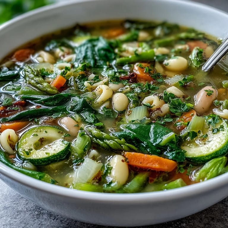 A hearty bowl of Spring Minestrone with White Beans and Asparagus, featuring tender pasta, colorful vegetables, and a sprinkle of Parmesan for a comforting vegetarian meal.