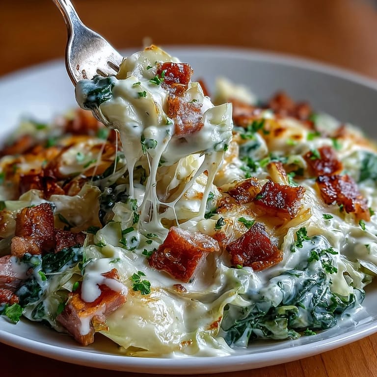 Warm and comforting Creamy Cabbage and Ham Skillet, topped with melted cheddar and fresh parsley.  