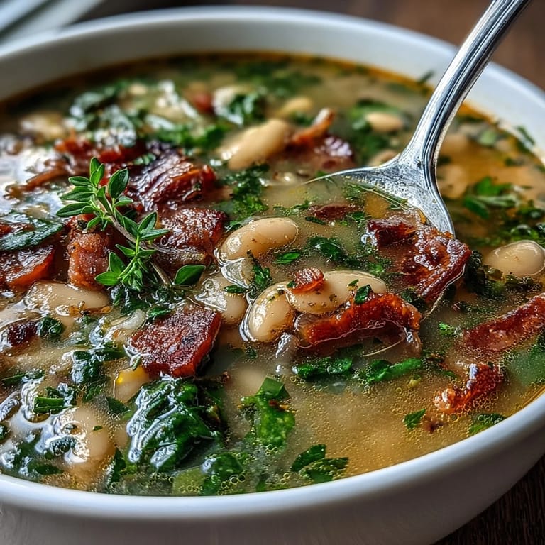 Creamy white beans and tender ham in a rich broth, topped with fresh rosemary and a drizzle of olive oil.