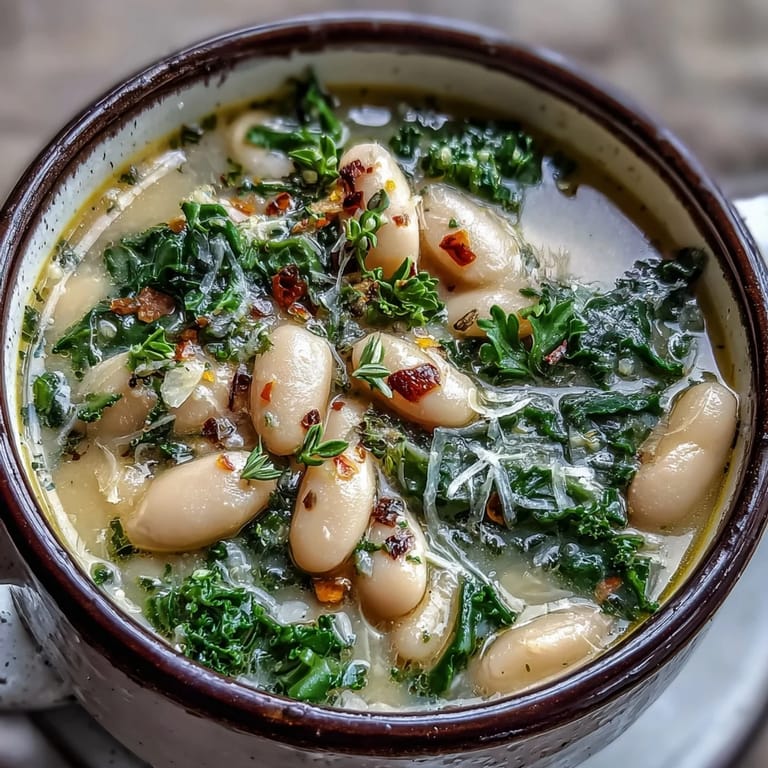 Creamy cannellini bean soup with tender kale and bright lemon zest, garnished with grated Parmesan and a drizzle of olive oil.